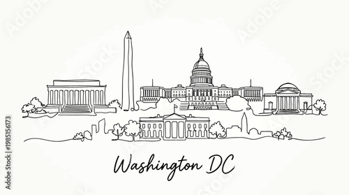Minimalist Line Drawing Capturing Iconic Washington DC Landmarks with Elegant Simplicity