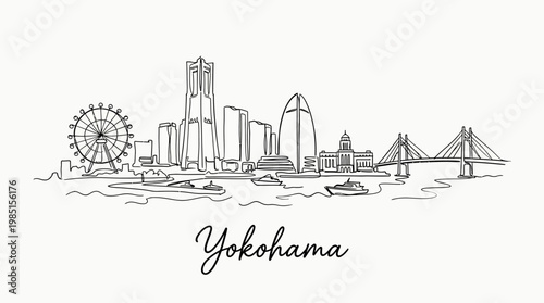 Minimalist Line Drawing of Yokohama City Skyline Featuring Iconic Landmarks and Waterfront