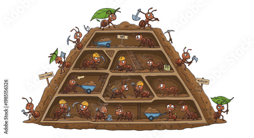 Bild auf Leinwand Ant Colony Construction Site: Ants Working Together in Underground Hill