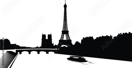 Paris city skyline silhouette with Eiffel Tower, Notre Dame and bridge over the river