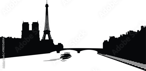 Paris city skyline silhouette with tower cathedral bridge and tour boat on river vector