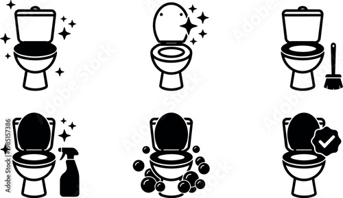 Set of black and white toilet icons with cleaning elements and sparkle effects