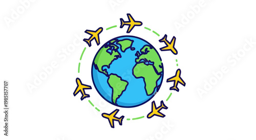Airplanes Circling Planet Earth, Global Travel and Aviation Concept