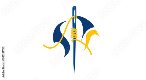 Blue sewing needle with yellow thread, abstract blue and yellow shapes, logo concept
