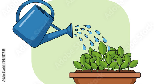 Blue watering can pouring water on young green plants in a pot