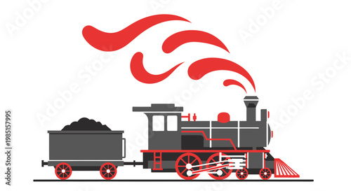 Vintage Steam Train Locomotive with Coal Tender and Red Smoke