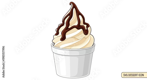 Soft serve ice cream cone with chocolate drizzle, isolated on white background, vector illustration.
