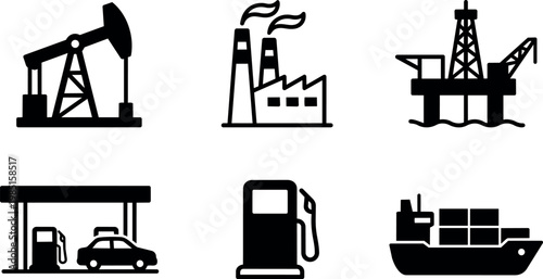 Black and white oil rig factory gas station fuel pump and cargo ship vector icons
