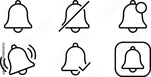 Black line art notification bell icons set with alerts and muted states