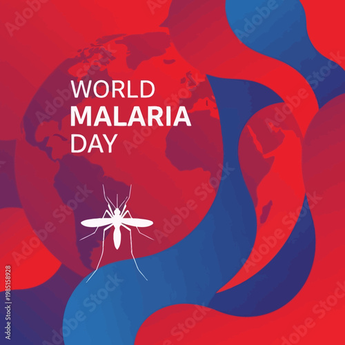 World Malaria Day illustration featuring a mosquito against a backdrop of a stylized globe and abstract red and blue waves
