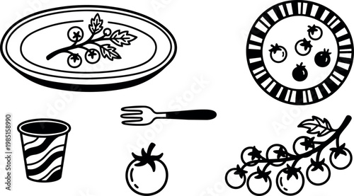 Black and white line art cherry tomatoes and utensils set with plates and fork