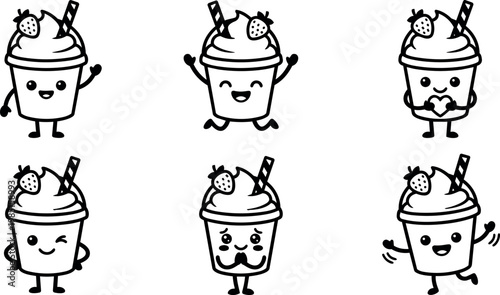 Black and white line art cute happy strawberry smoothie cups with faces and arms