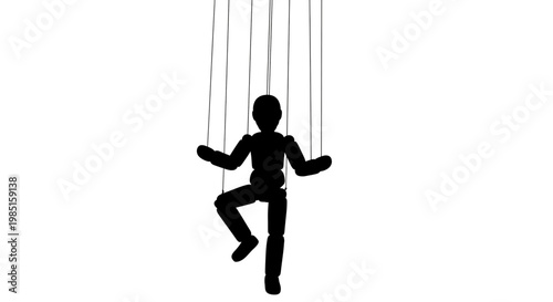 A minimalist vector graphic illustration of a marionette puppet suspended in mid-air by strings