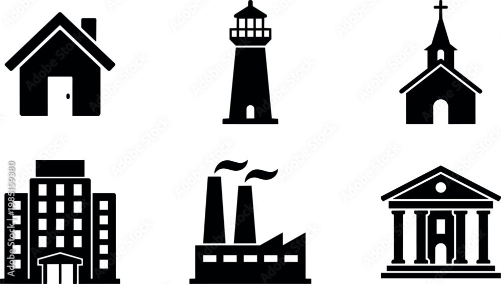 Fototapeta premium Black and white silhouette icons of house lighthouse church factory bank and building