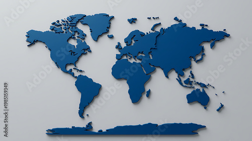 Three dimensional blue world map showing continents and islands against light gray wall with soft shadows, global geography, earth layout, cartography.