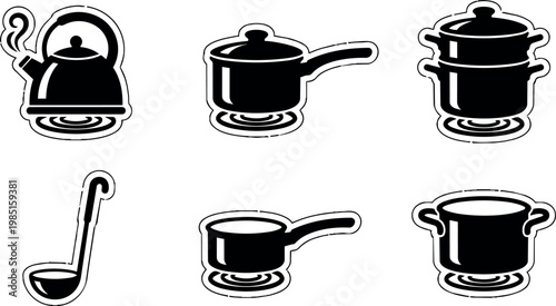Black and white kitchenware kettle pots and ladle vector art set