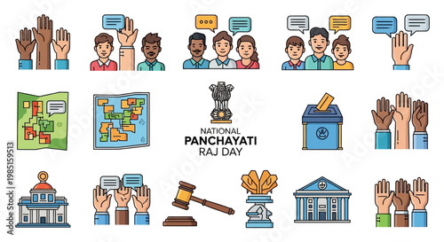 A colorful vector illustration showcasing Indian local government through various icons representing village councils and rural governance, designed with a clean, modern aesthetic
