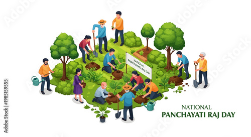 Isometric vector illustration depicting National Panchayati Raj Day, showcasing a group planting trees and tending to a garden on a white background, symbolizing rural development and local