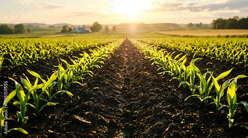 Rows of young corn sprouts illuminated by warm sunlight at dawn, farming landscape plants green leaves, country vista, fertile ground farm field.