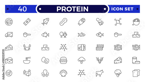 Protein icon collection. Nutrition and Healthy Food Outline Icon Set. A Professional Vector Set Featuring Balanced Diet Planning, Essential Nutrients, Food Groups, and Wellness Symbols.