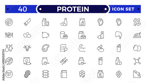 Protein icon collection. Nutrition and Healthy Food Outline Icon Set. A Professional Vector Set Featuring Balanced Diet Planning, Essential Nutrients, Food Groups, and Wellness Symbols.