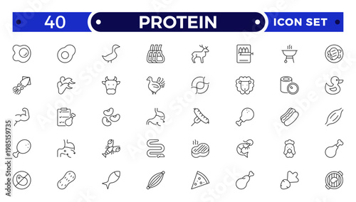 Protein icon collection. Nutrition and Healthy Food Outline Icon Set. A Professional Vector Set Featuring Balanced Diet Planning, Essential Nutrients, Food Groups, and Wellness Symbols.