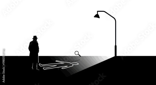 Detective Investigates Crime Scene with Chalk Outline Under Streetlight