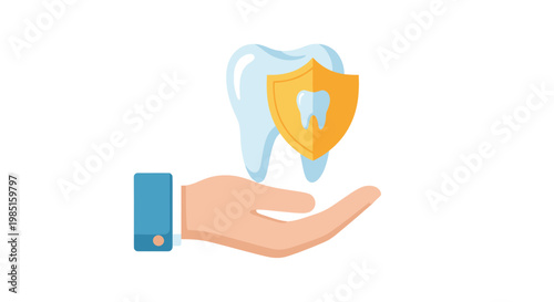Hand Protecting Tooth with Shield Icon, Dental Care Concept