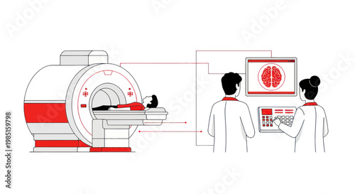 Medical Scan Procedure: Patient in MRI Scanner with Doctors Monitoring Brain Image