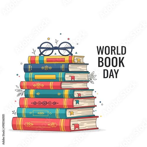 Celebrate World Book Day with a Colorful Stack of Books and Glasses, a Symbol of Knowledge and Imagination