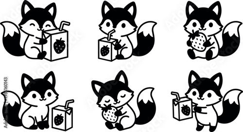 Cute black and white fox with strawberry juice box and strawberry fruit vector art