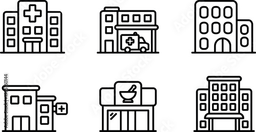 Black and white line art hospital pharmacy clinic building icons set