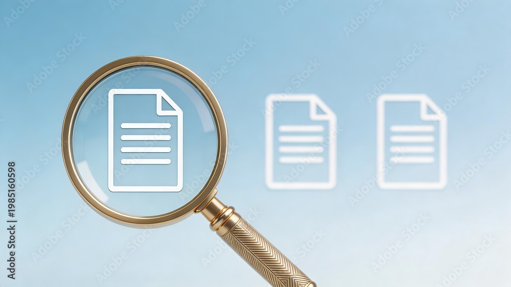 Obraz premium Magnifying glass over a document icon, symbolizing inspection, analysis, or research. Background is blue with two additional document icons. Represents business, office, and information processing.