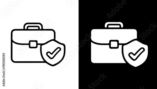Business Protection: Two stylized portrayals showcase the concept of business security. A briefcase, symbolizing professional activity, is paired with a shield bearing a check mark.