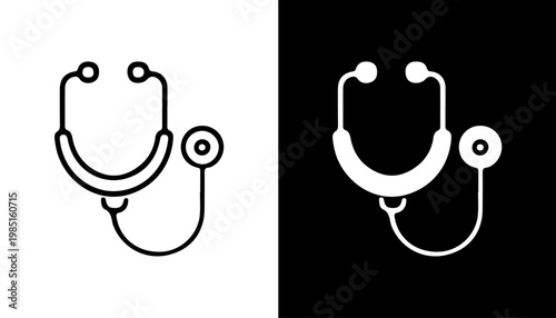 Stethoscope: A modern stethoscope is depicted in two contrasting styles – a stark, minimalist black line drawing and a solid white silhouette.