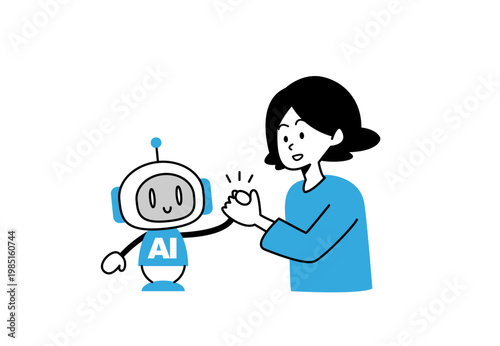 AIロボットと握手する女性のベクターイラスト
