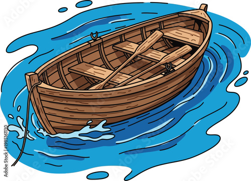 Illustration of a wooden rowboat with oars floating on water.