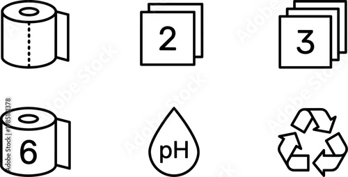 Line art toilet paper rolls numbering ph water drop and recycling icons