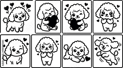 Cute black and white poodle puppy with heart vector art in playful poses