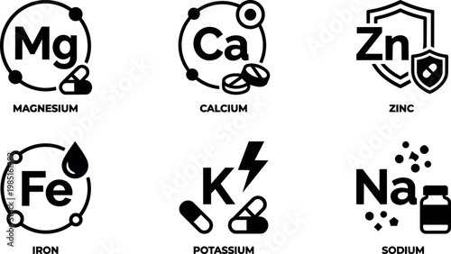 Black and white vector icons of magnesium calcium zinc iron potassium and sodium with pills capsules and shields