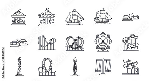 Amusement Park Icons: Carousel, Rollercoaster, Ferris Wheel, Ship, Tower, Water Slide, Cars