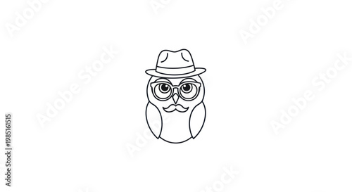 Whimsical Owl with Hat and Glasses - Minimalist Line Art