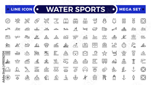 Water sports and Aquatic Sport Outline Icon Set. A Professional Vector Set Featuring Competitive Training Equipment, Lifeguard Safety, Fitness Activities, and Professional Swim Gear Symbols.