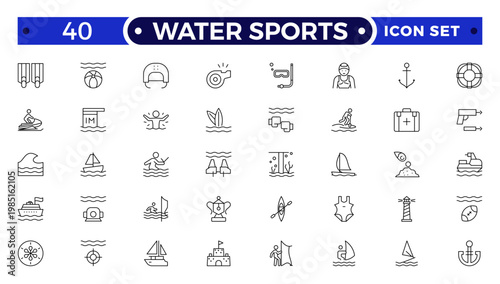 Water sports and Aquatic Sport Outline Icon Set. A Professional Vector Set Featuring Competitive Training Equipment, Lifeguard Safety, Fitness Activities, and Professional Swim Gear Symbols.