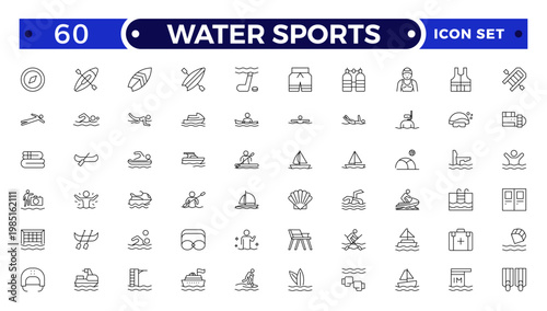 Water sports and Aquatic Sport Outline Icon Set. A Professional Vector Set Featuring Competitive Training Equipment, Lifeguard Safety, Fitness Activities, and Professional Swim Gear Symbols.