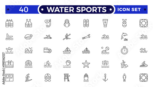 Water sports and Aquatic Sport Outline Icon Set. A Professional Vector Set Featuring Competitive Training Equipment, Lifeguard Safety, Fitness Activities, and Professional Swim Gear Symbols.