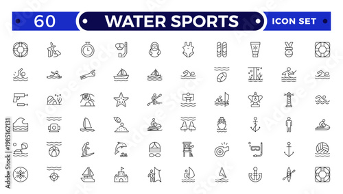 Water sports and Aquatic Sport Outline Icon Set. A Professional Vector Set Featuring Competitive Training Equipment, Lifeguard Safety, Fitness Activities, and Professional Swim Gear Symbols.
