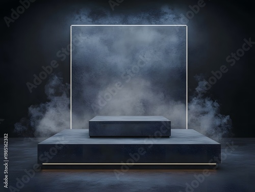 Empty stone platform sits amidst swirling smoke and glowing neon lines.