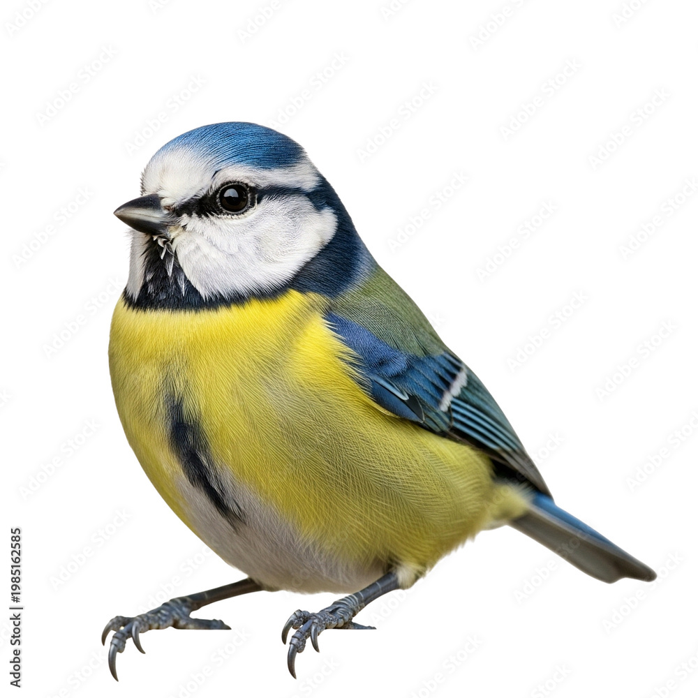 Naklejka premium A vibrant blue tit perched on a branch against a black background