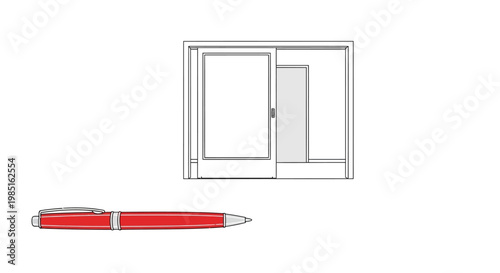 A red pen rests near a technical drawing of a modern sliding door on a white background.